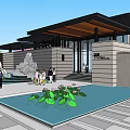 Modern Sales Office Building With Cage Like Structure On Lawn And Cherry Blossom Tree