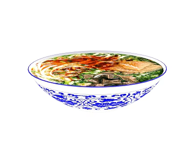 Noodle Soup with Greens Red Chili Oil Sliced Meat in Blue and White Bowl 3d model