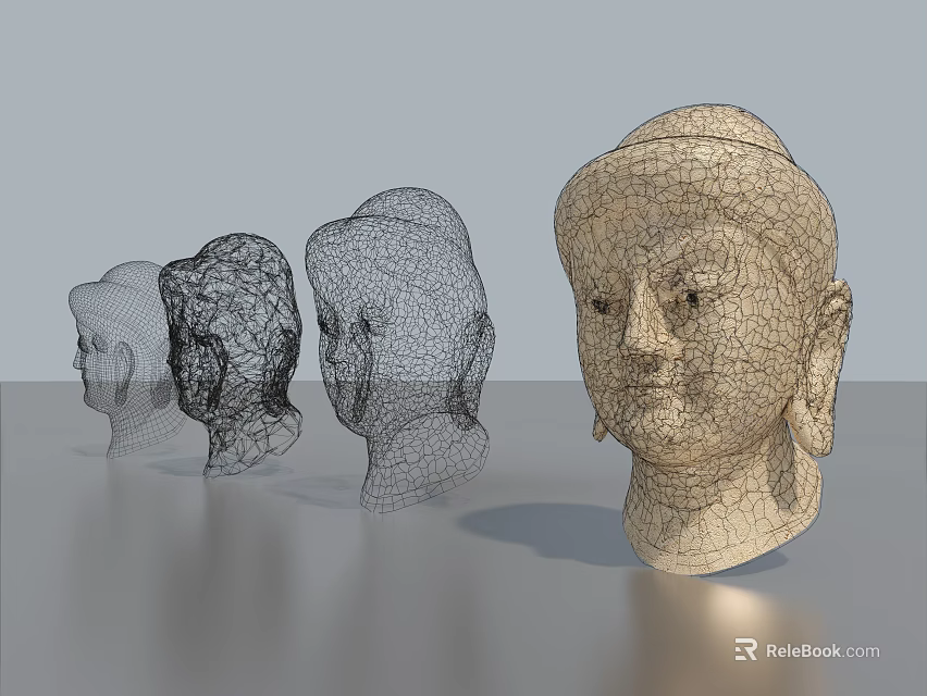 Buddha Head Sculpture Carving Evolution From Wireframe To Textured Model Series 3d model 