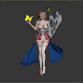 Anime Female Character In Pink Blue Dress With Silver Ornate Staff And Yellow Butterfly Props