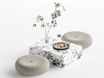Stylish Marble Square Tea Table Set with Woven Stools Bamboo Vase and Decorative Elements 3d model