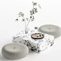 Stylish Marble Square Tea Table Set with Woven Stools Bamboo Vase and Decorative Elements