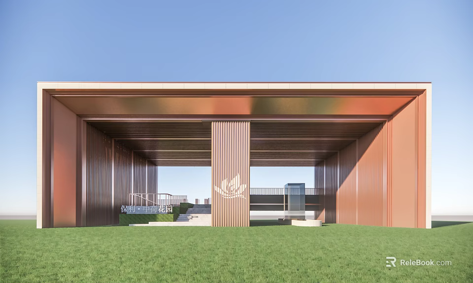 Modern Entrance Gate With Metal Structure Columns Canopy Front Lawn And Blue Sky 3d model 
