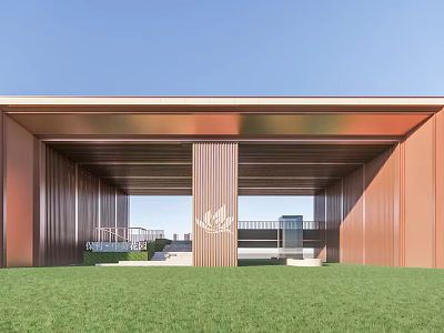 Modern Entrance Gate With Metal Structure Columns Canopy Front Lawn And Blue Sky 3d model