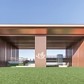 Modern Entrance Gate With Metal Structure Columns Canopy Front Lawn And Blue Sky
