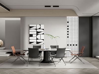 Modern Restaurant Dining Table and Chair Wine Cabinet Venetian Blinds Hanging Picture Moon Light model