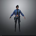 Woman in Blue Jacket and Cropped Top with Utility Belt Dark Pants on Minimalist Background