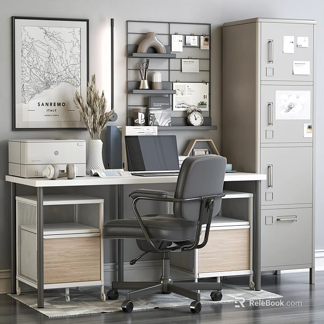 Modern Home Office Desk and Chair Set with Laptop Printer and Decorative Items 3d model 