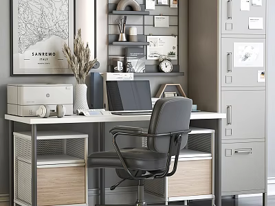 Modern Home Office Desk and Chair Set with Laptop Printer and Decorative Items 3d model