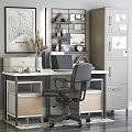 Modern Home Office Desk and Chair Set with Laptop Printer and Decorative Items