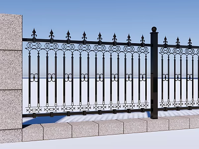 Black Iron Decorative Fence With Stone Base And Ornate Metal Patterns 3d model