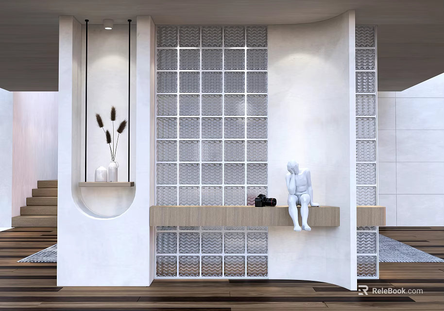 Modern Interior Wall Design Featuring Grid Pattern Wooden Counter And Sculpture 3d model