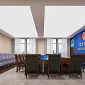 Modern Court Hearing Room Interior With Wooden Tables Chairs Blue Background And National Emblem