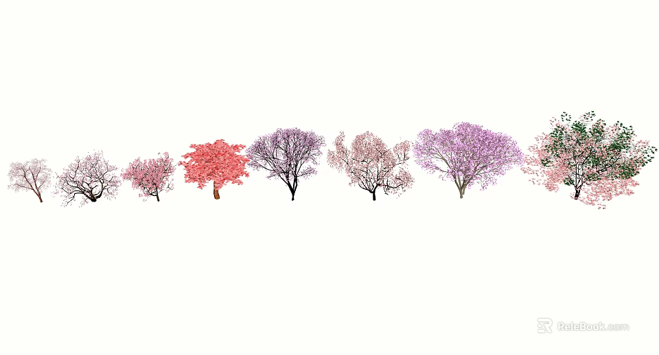 Colorful Flowering Arbor Trees In Various Pink Purple And Red Hues 3d model 