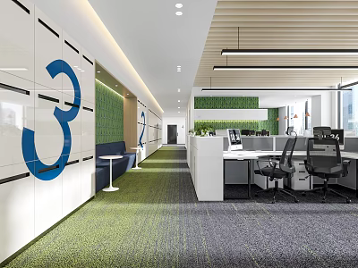 Modern Public Office Space Interior With Open Layout Green Plant Wall And Blue Accents 3d model