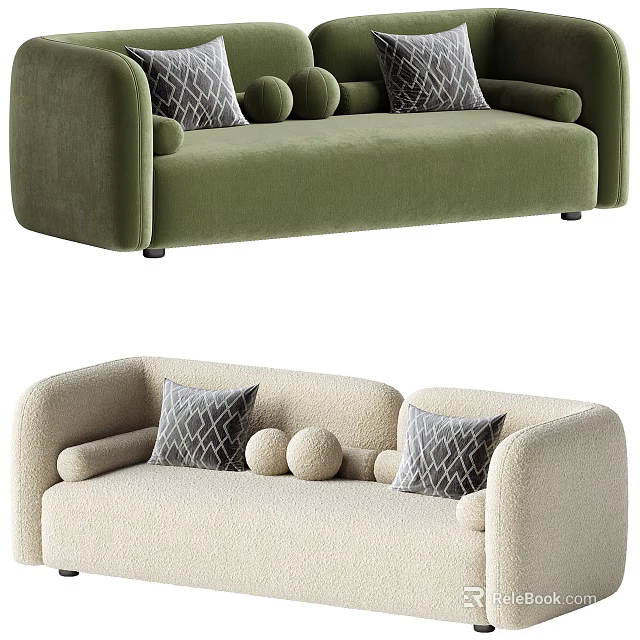 Modern Two Seater Sofa In Green And Beige With Decorative Pillows And Round Balls 3d model 
