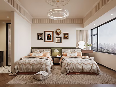 Twin Beds Bedroom with Green Headboards Large Window City View Chandelier Wooden Floor and Rug 3d model