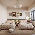 Twin Beds Bedroom with Green Headboards Large Window City View Chandelier Wooden Floor and Rug