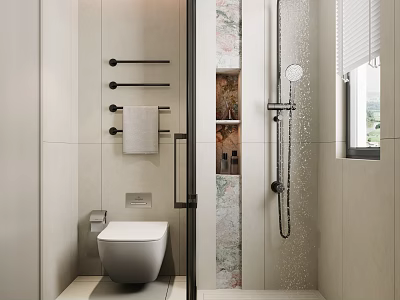 Modern Bathroom Interior With Toilet Shower Area Towel Rack Shelf Window And Patterned Wall 3d model