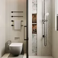 Modern Bathroom Interior With Toilet Shower Area Towel Rack Shelf Window And Patterned Wall