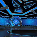 Futuristic Tech Display Stage Featuring Blue Lighting Circular Screens And Holographic Elements 3d model