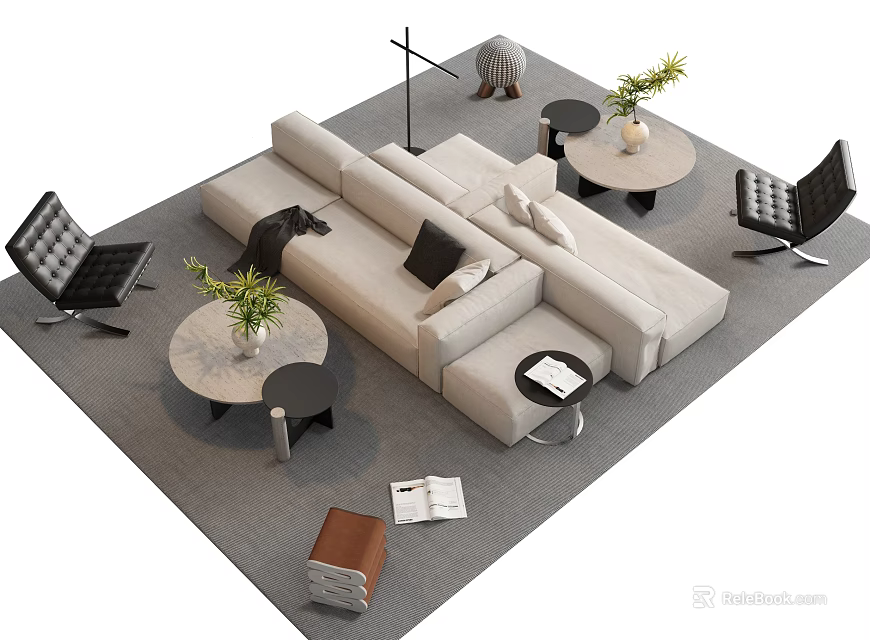 Modern Living Room Sofa Coffee Table Set With Black Chairs Plants And Rug 3d model 