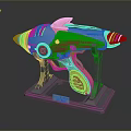 Colorful SciFi Style Toy Gun Prototype With Red White Yellow Blue Accents On Gray Stand