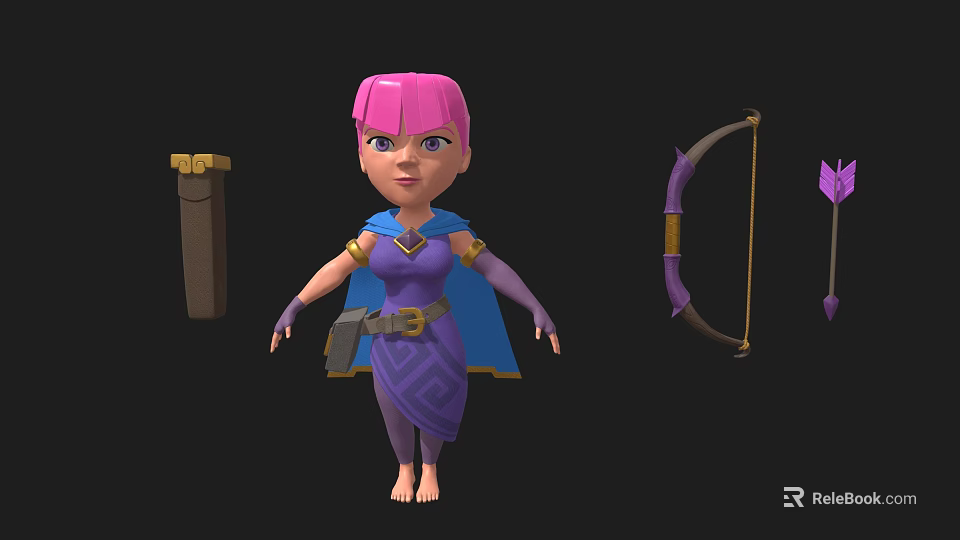 3D Model of Purple Bow Arrow and Quiver With Pink Haired Character in Purple Outfit 3d model 