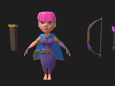 3D Model of Purple Bow Arrow and Quiver With Pink Haired Character in Purple Outfit 3d model