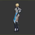 Futuristic Female Character in Tech Armor Suit with Blue White Gray Design and Mechanical Accents