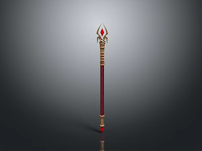 Magical Staff Weapon With Red Gem Top And Golden Decoration 3d model
