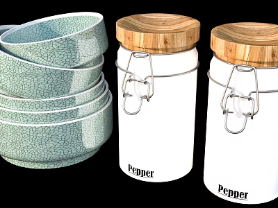 Ceramic Kitchenware Stacked Green Crackle Texture Bowls and White Pepper Jars with Wooden Lids 3d model