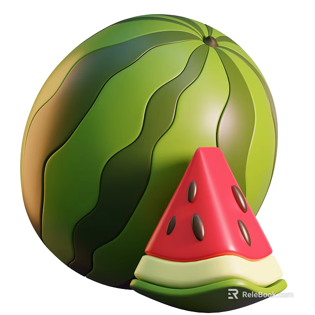 Whole Watermelon Featuring Green Striped Rind And Sliced Red Flesh With Black Seeds 3d model 