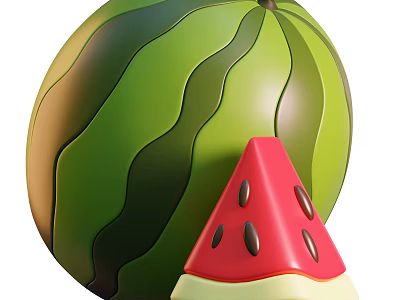 Whole Watermelon Featuring Green Striped Rind And Sliced Red Flesh With Black Seeds 3d model