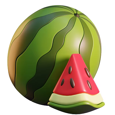 Whole Watermelon Featuring Green Striped Rind And Sliced Red Flesh With Black Seeds 3d model
