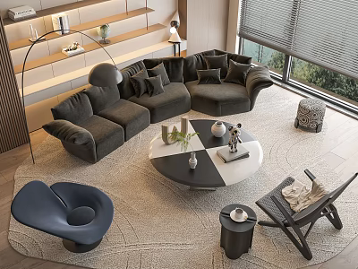 Modern Sofa Coffee Table Combination With Gray Upholstery Round Table And Floor Lamp On Rug 3d model