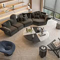 Modern Sofa Coffee Table Combination With Gray Upholstery Round Table And Floor Lamp On Rug