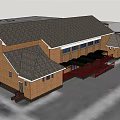 Brick Office Building With Black Roof Multiple Windows And Red Canopy