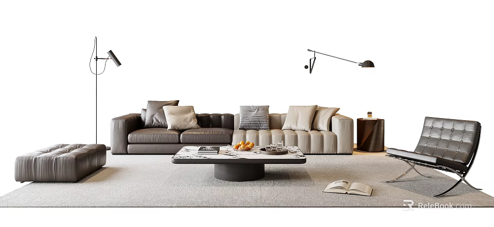 Modern Leather Sofa and Coffee Table Set With Plush Pillows Area Rug and Floor Lamp 3d model 