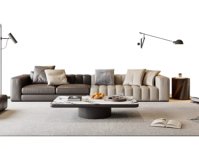 Modern Leather Sofa and Coffee Table Set With Plush Pillows Area Rug and Floor Lamp 3d model