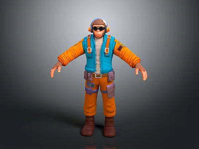 Game Movie Character In Orange And Blue Outfit With Goggles And Brown Boots Standing Pose 3d model