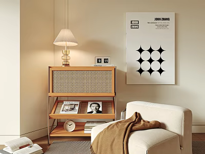 Wooden Console Table With Table Lamp Magazines In Modern Living Room Next To Sofa 3d model