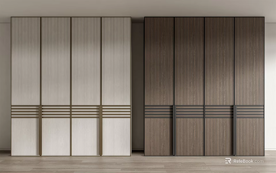 Modern Wardrobe Design With Light And Dark Striped Panels And Metal Accent Strips 3d model 