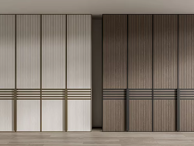 Modern Wardrobe Design With Light And Dark Striped Panels And Metal Accent Strips 3d model
