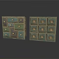 Two Vintage Distressed Green and Brown Wooden Drawer Chests with Metal Handles