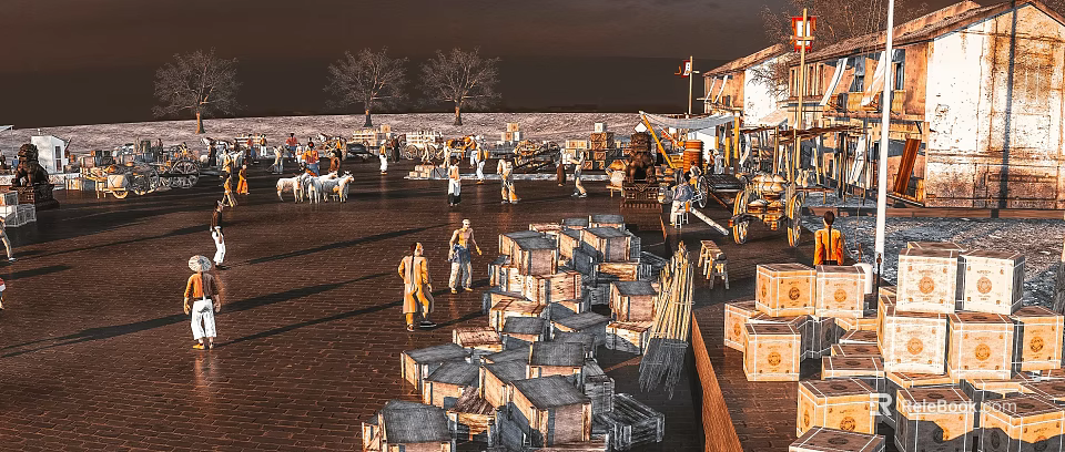 Ancient Desert Market Scenery With Camels Goods Traditional Buildings And Crowds 3d model 