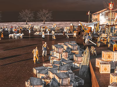 Ancient Desert Market Scenery With Camels Goods Traditional Buildings And Crowds 3d model