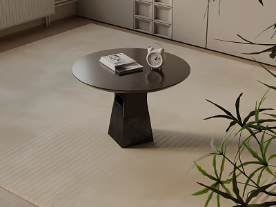 Modern Round Black Bedside Table With Books Alarm Clock And Green Plant 3d model