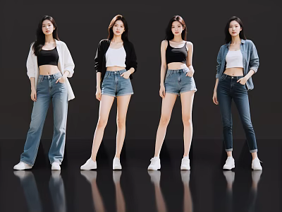 Women Showcasing Different Jeans Outfits With Crop Tops Cardigans And Casual Looks 3d model