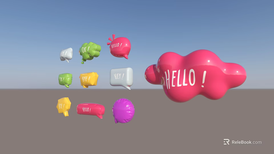 Colorful Speech Bubble Decor In Various Colors With Large Pink HELLO And Small Text Bubbles 3d model 